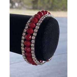 Bracelet Memory Wire Red Faceted Beads Clear Rhinestone Beads
